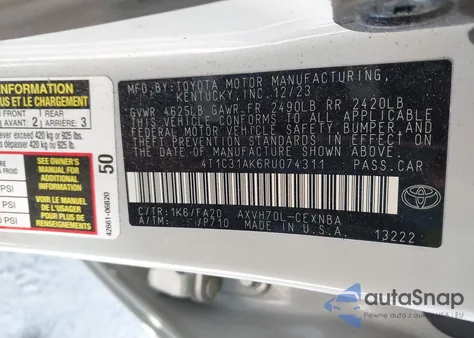 2024 Toyota Camry Hybrid Le from USA, damaged, VIN 4T1C31AK6RU074311